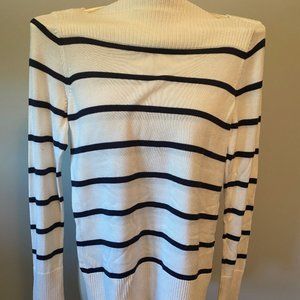 White and Navy Striped Knit Pullover Sweater